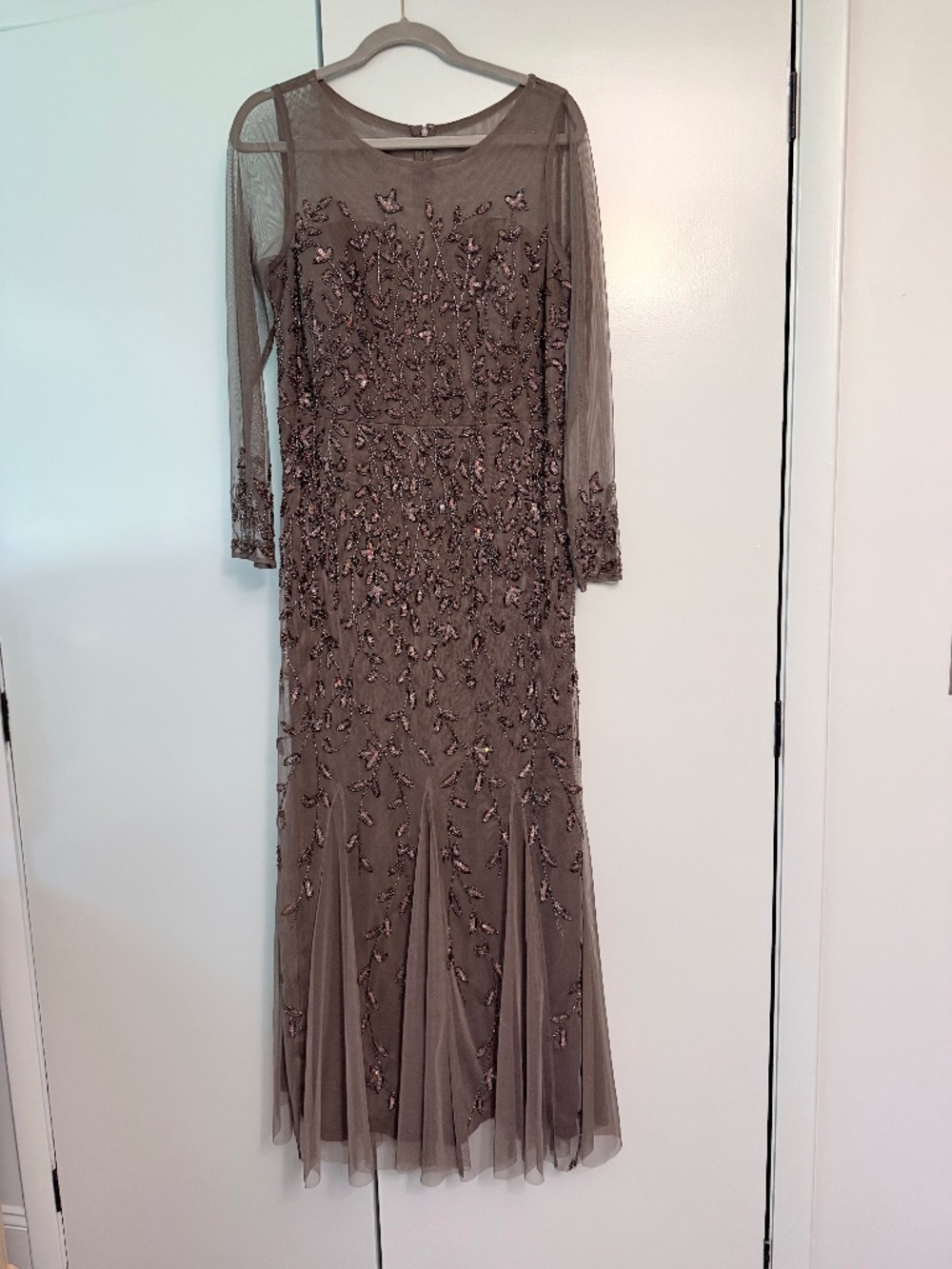 OLEG CASSINI  Long Sleeve Beaded Illusion Godet Hem Dress size 12